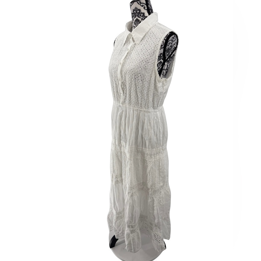 Magic White Eyelet Maxi Dress Collared Button Front Tiered Lace Boho Cottagecore - Picture 7 of 11